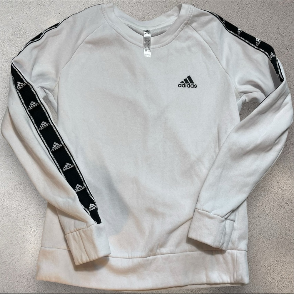 Adidas White Tape Logo Crewneck Sweatshirt Women’s Medium
with Beautiful Black